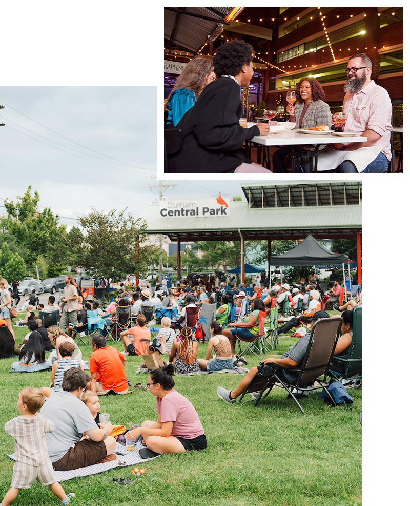About-Grid-3 A photo grid with an image of a group of adults gathering around a restaurant table laughing and drinking wine and a photo of large crowd gathered on grassy lawn of Durham Central Park, picnicking and enjoying the weather