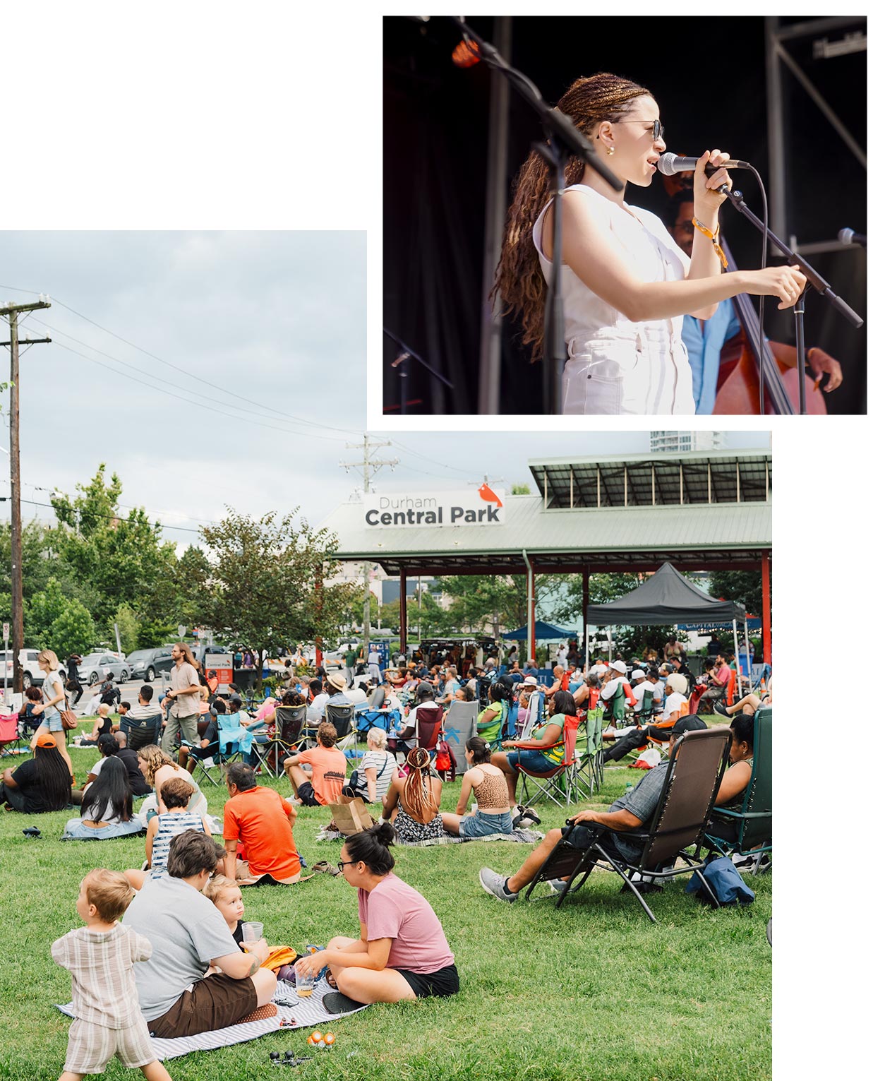 A photo grid with an image of a woman on stage holding a microphone and singing and a photo of large crowd gathered on grassy lawn of Durham Central Park, picnicking and enjoying the weather