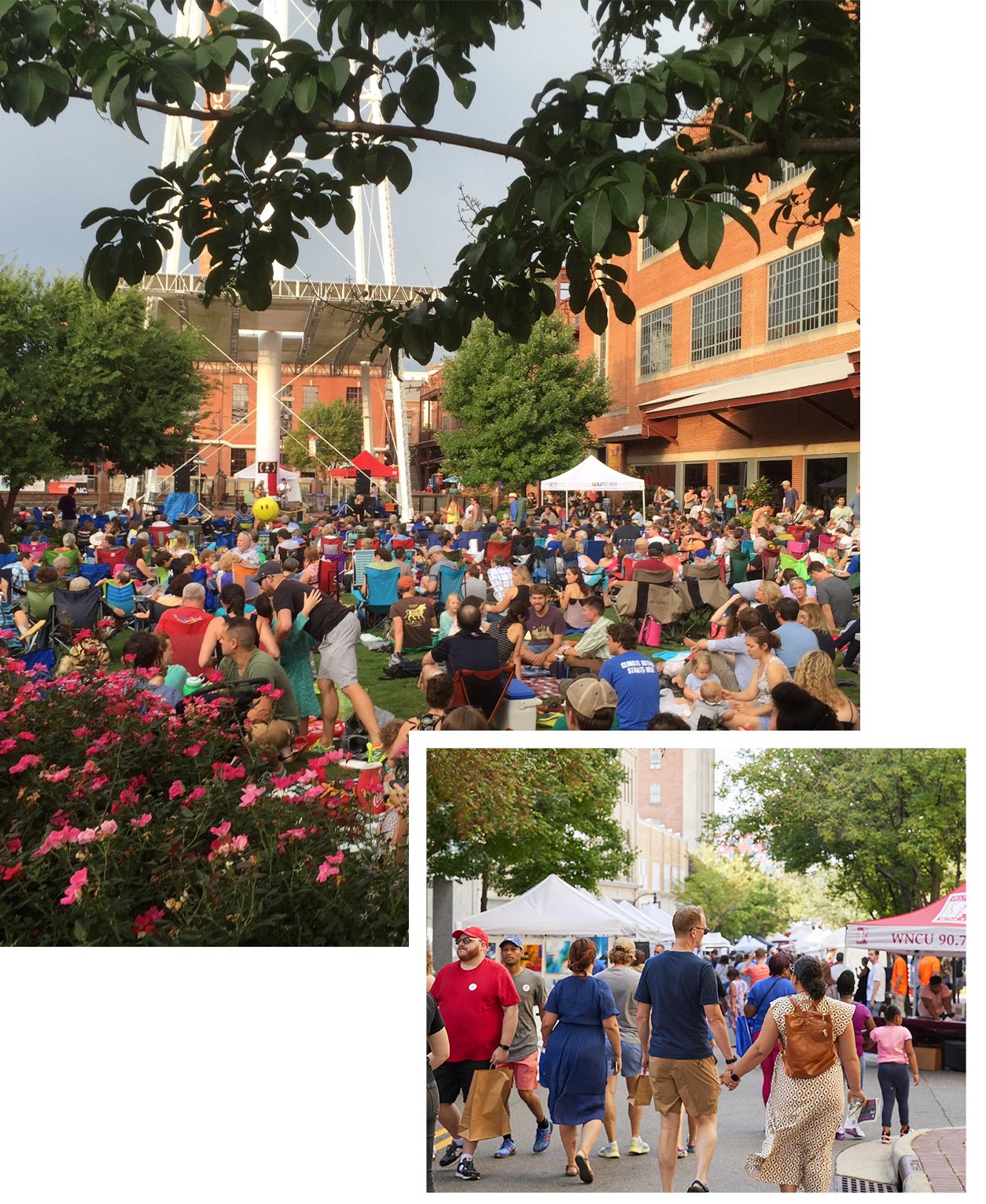 A photo grid with an image of a group gathered in the sunny law of the American Tobacco Campus and a couple walking hand-in-hand down the street past tents during a festival.